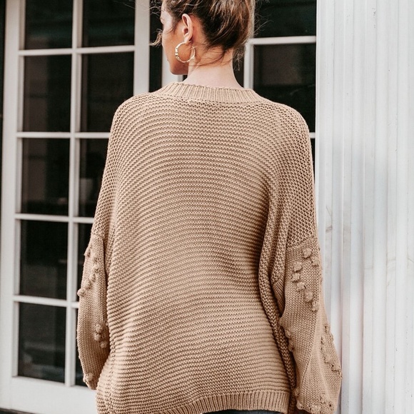 sky blue pom pom knit lantern sleeve cardigan swea - Picture 8 of 10